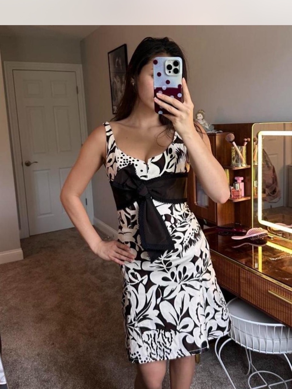 Carolina Herrera Black and White Floral Bow Midi Dress